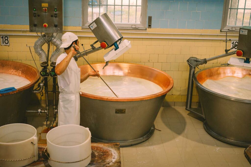 Ein Käsehersteller in einer traditionellen Molkerei überwacht die Produktion von Parmigiano Reggiano in großen Kupferkesseln. Dies ist ein essenzieller Schritt im aufwendigen Herstellungsprozess dieses berühmten italienischen Hartkäses.