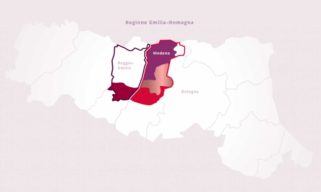 Eine stilisierte Karte der Region Emilia-Romagna in Italien, mit den für die Lambrusco-Produktion wichtigen Gebieten in den Provinzen Modena und Reggio Emilia hervorgehoben.