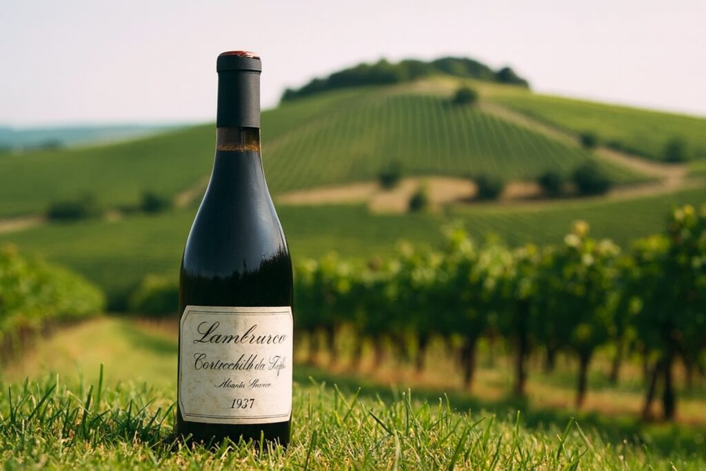 Lambrusco-Weinflasche auf einer grünen Wiese zwischen den Rebstöcken, im Hintergrund sanfte Weinberge unter strahlendem Himmel in der Emilia-Romagna.