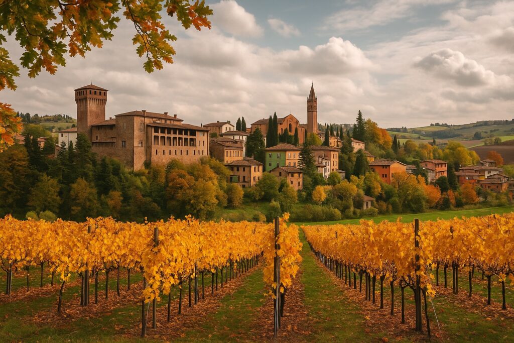 Malerischer Weinort in der Emilia-Romagna im Herbst, mit goldgelben Weinreben im Vordergrund und historischer Architektur vor bewaldeten Hügeln.