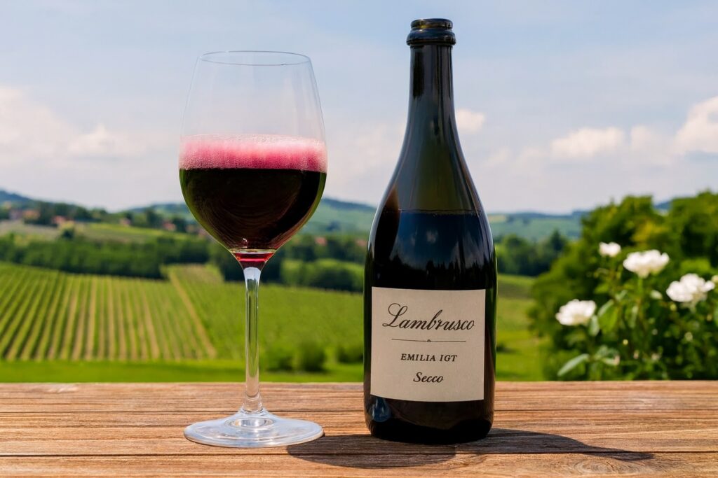 Offene Flasche Lambrusco mit perlendem Rotwein im Glas auf Holztisch, vor grüner Landschaft der Emilia-Romagna mit blühenden weißen Rosen.