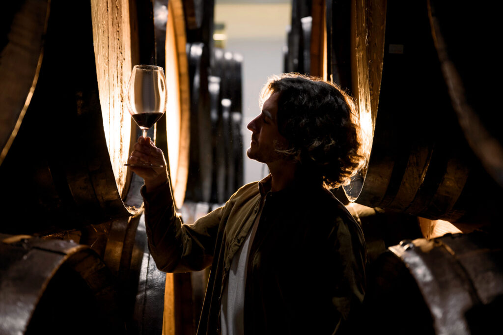 Ein junger Önologe hält ein Glas Lambrusco gegen das Licht in einem Weinkeller voller Holzfässer – ein Moment der Qualitätsprüfung und Handwerkskunst bei der Herstellung des berühmten italienischen Perlweins aus Emilia-Romagna.