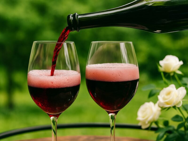 Zwei Weingläser mit frischem Lambrusco werden auf einer Terrasse mit Blick ins Grüne eingeschenkt, mit weißen Rosen im Hintergrund.