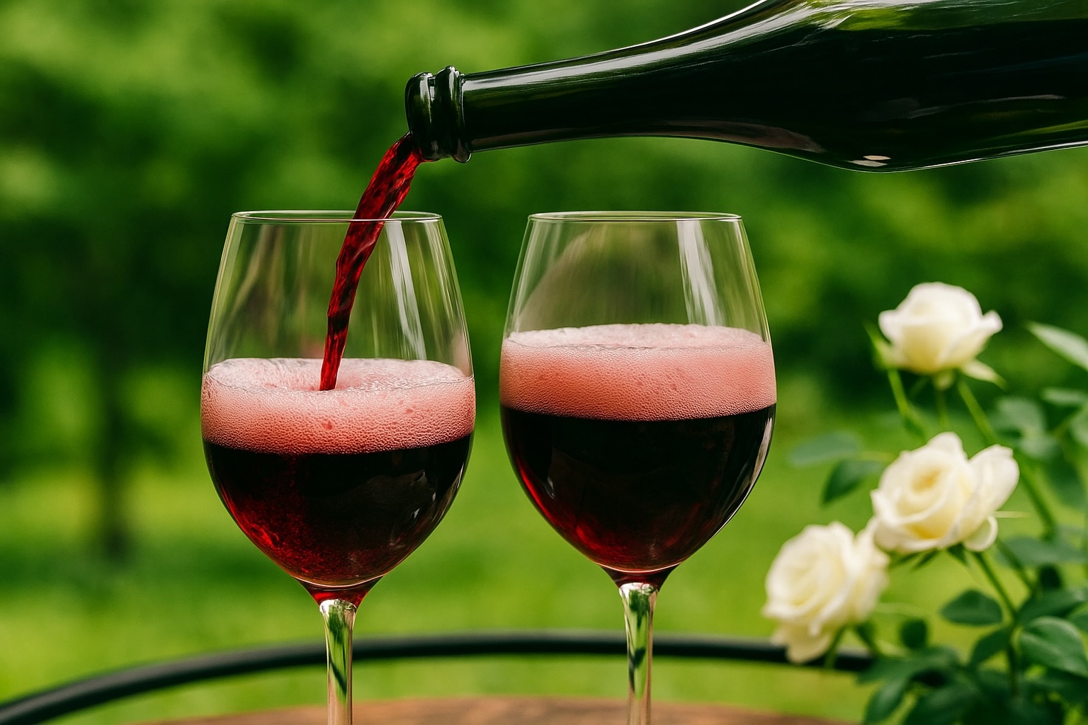 Zwei Weingläser mit frischem Lambrusco werden auf einer Terrasse mit Blick ins Grüne eingeschenkt, mit weißen Rosen im Hintergrund.
