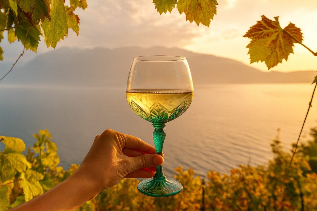 Nahaufnahme einer Hand mit elegantem Weinglas, gefüllt mit Lugana-Weißwein, vor goldenem Sonnenuntergang und Rebenkulisse am Gardasee.