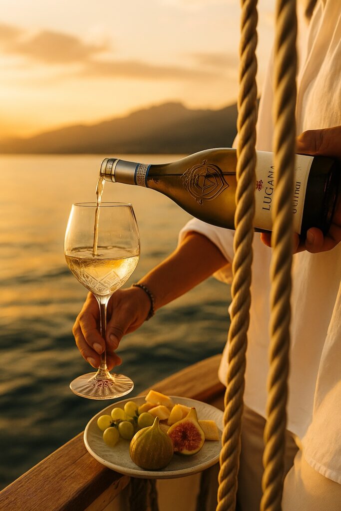 Eine Flasche Lugana wird bei Sonnenuntergang auf einem Boot eingeschenkt – im Vordergrund frische Feigen, Trauben und Käse.