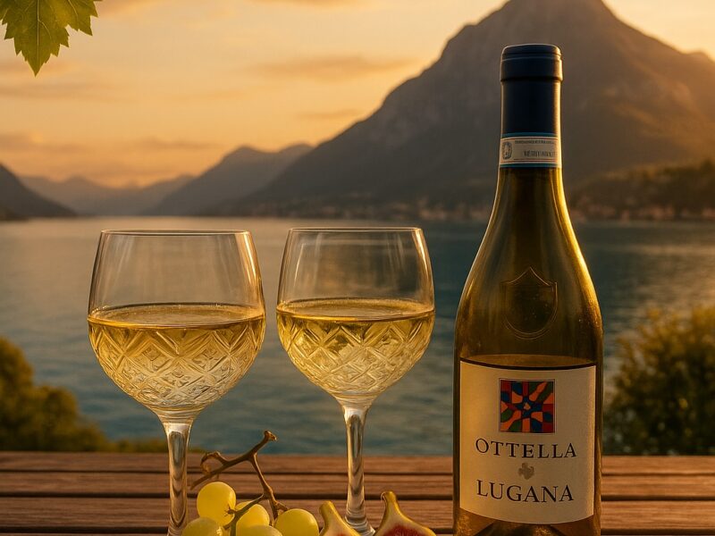 Zwei Gläser Lugana-Weißwein und eine Flasche Ottella Lugana mit Käse, Feigen und Trauben vor idyllischer Gardasee-Kulisse bei Sonnenuntergang.
