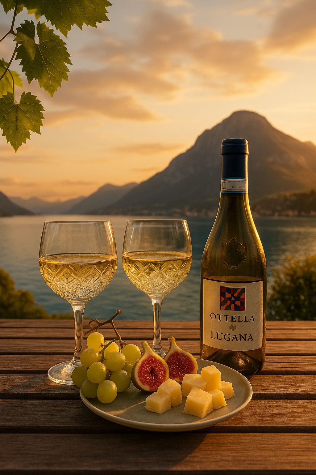Zwei Gläser Lugana-Weißwein und eine Flasche Ottella Lugana mit Käse, Feigen und Trauben vor idyllischer Gardasee-Kulisse bei Sonnenuntergang.