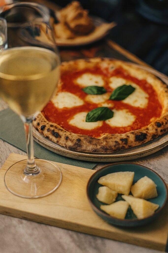 Italienische Pizza Margherita auf einem rustikalen Keramikteller, serviert mit einem Glas Weißwein auf einem Holztisch – klassische neapolitanische Pizza mit Tomatensauce, Mozzarella und frischem Basilikum, fotografiert in warmem, natürlichem Licht für authentisches italienisches Ambiente.