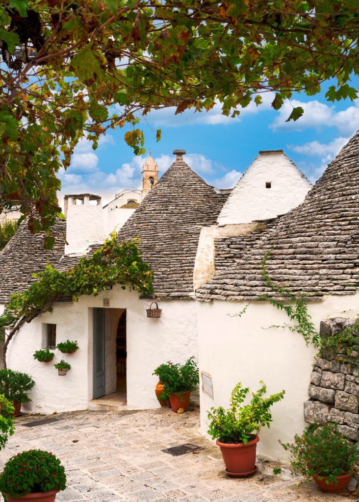 Trulli-Häuser von Alberobello, umgeben von Weinreben – UNESCO-Weltkulturerbe und Symbol der Primitivo-Region.