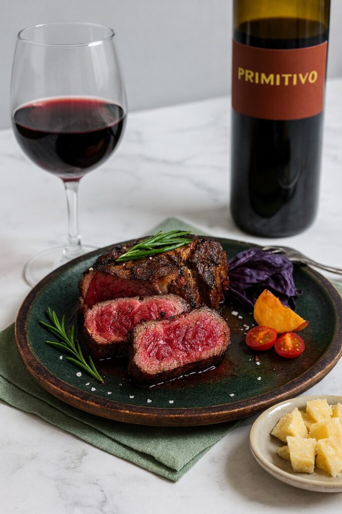Ein edles Gericht mit perfekt medium-rare gebratenem Steak, garniert mit frischem Rosmarin, Rotkohl, Kirschtomaten und Parmesanstücken auf einem dunkelgrünen Teller mit braunem Rand. Daneben steht ein Glas Rotwein und eine Flasche Primitivo auf einem weißen Marmortisch mit grüner Stoffserviette – ein elegantes Foodpairing im italienischen Stil.