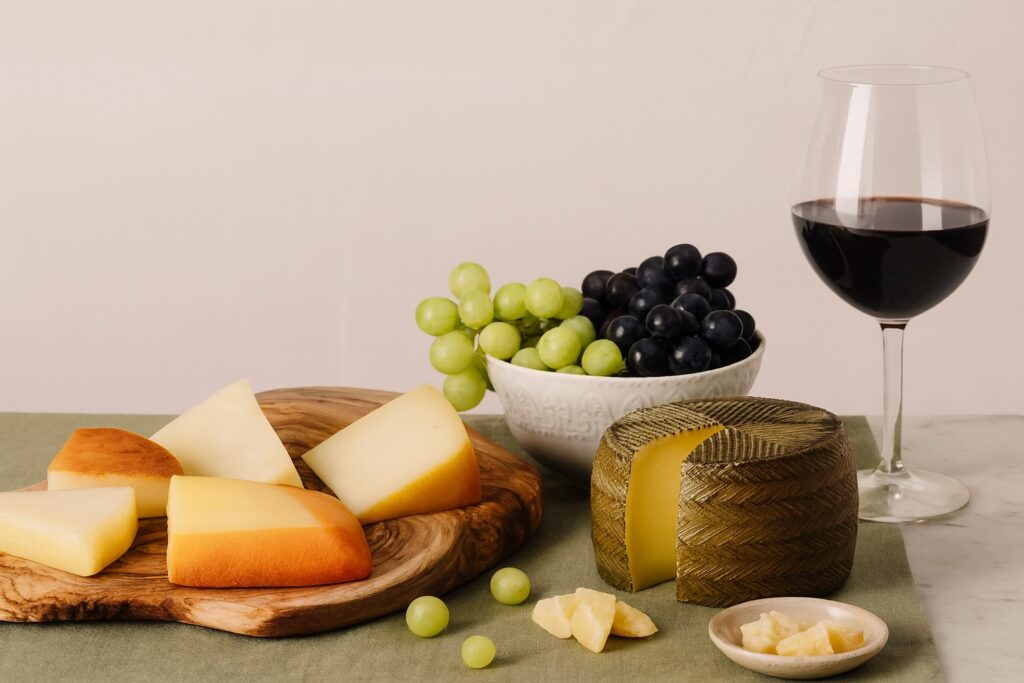 Ein elegantes Stillleben mit einer Auswahl italienischer Käsesorten auf einem Olivenholzbrett, begleitet von grünen und schwarzen Trauben in einer weißen Schale und einem Glas Rotwein auf einer salbeigrünen Tischdecke – eine harmonische Kombination typisch mediterraner Aromen.