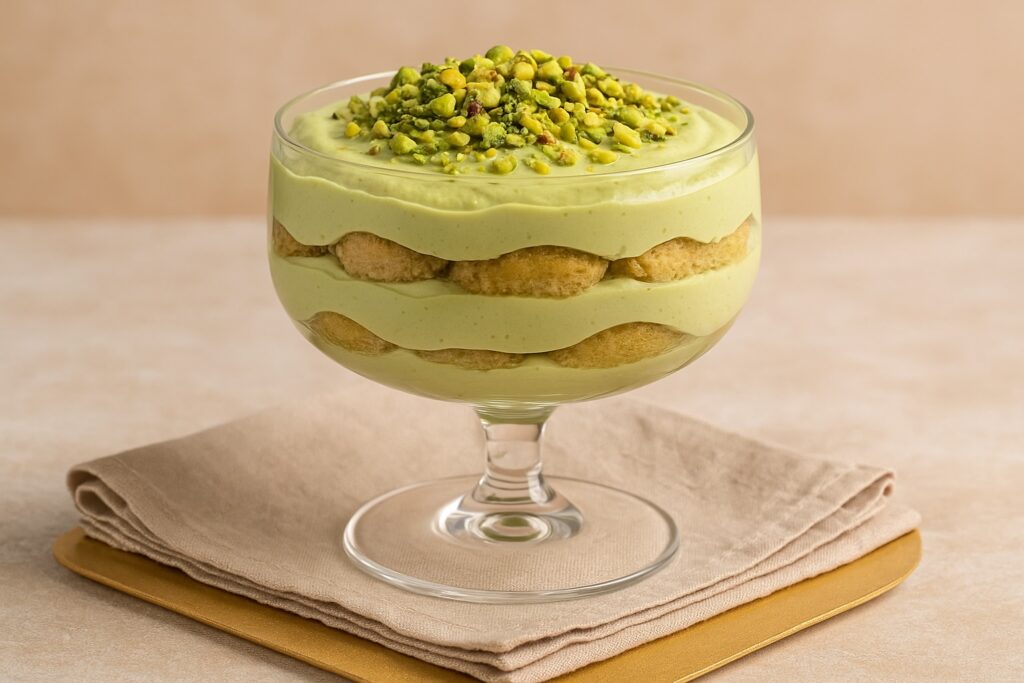 Nahaufnahme eines cremigen Pistazien-Tiramisùs in einem eleganten Glasbecher. Der Nachtisch zeigt abwechselnde Schichten aus Mascarpone-Creme, Pistaziencreme und Biskuit, garniert mit gehackten Pistazien. Im Hintergrund ein weicher, warmer Lichteinfall auf einer hellen Tischoberfläche.