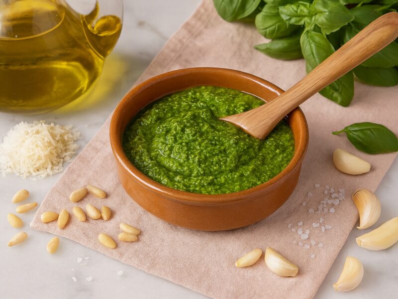 Pesto alla Genovese in einer rustikalen Terrakottaschale, umgeben von frischem Basilikum, Parmesan, Knoblauch, Pinienkernen und nativem Olivenöl – die Seele Liguriens in einem Bild.