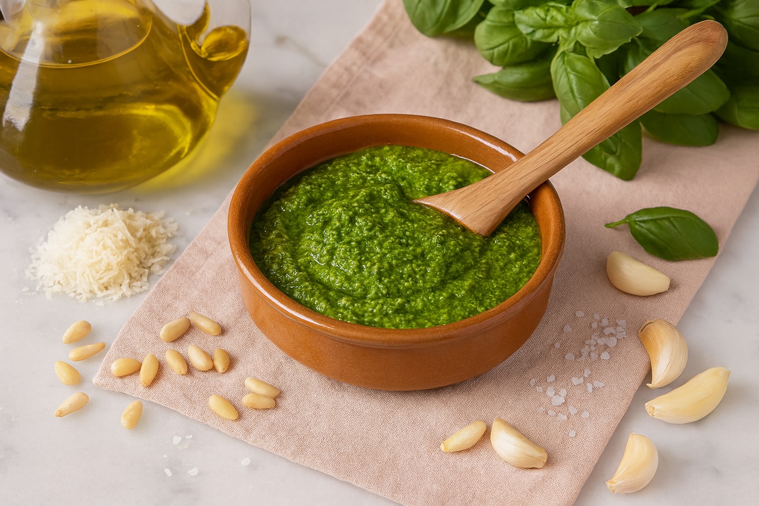Pesto alla Genovese in einer rustikalen Terrakottaschale, umgeben von frischem Basilikum, Parmesan, Knoblauch, Pinienkernen und nativem Olivenöl – die Seele Liguriens in einem Bild.