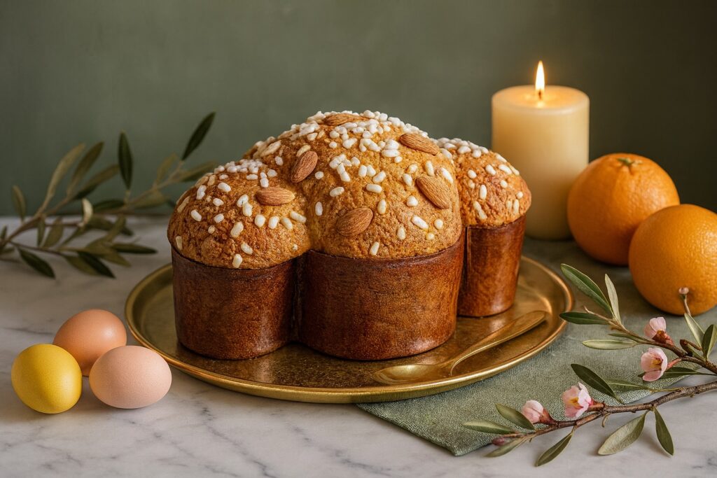 Colomba Pasquale auf goldener Servierplatte mit Kerze, Olivenzweigen und Orangen – festliche Osterdekoration im italienischen Stil.