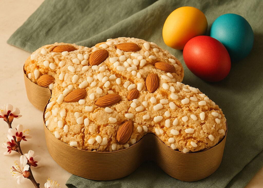 Detailaufnahme der klassischen Colomba Pasquale mit ganzen Mandeln und Zuckerperlen, dekoriert mit gefärbten Ostereiern und Frühlingsblüten.