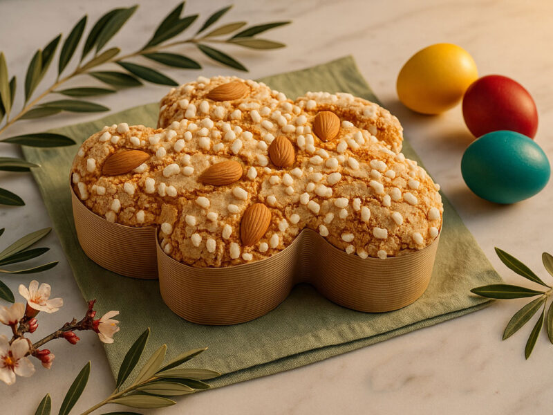 Colomba Pasquale auf grünem Tuch mit bunten Eiern und Olivenzweigen – stilvolle Osterkomposition mit italienischer Symbolkraft.