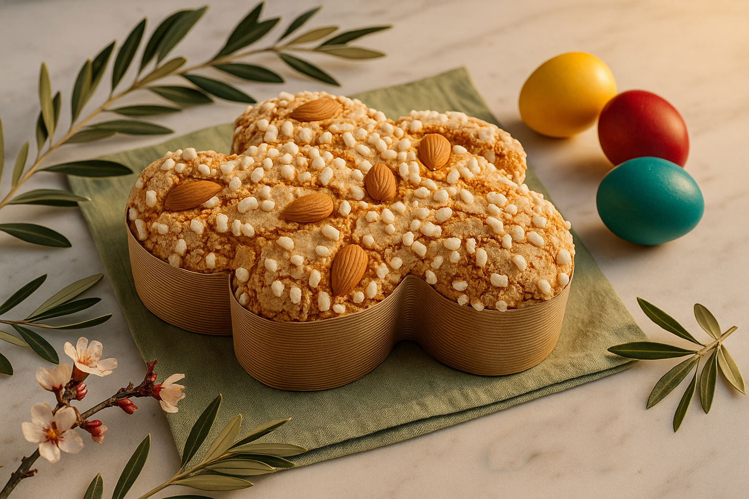 Colomba Pasquale auf grünem Tuch mit bunten Eiern und Olivenzweigen – stilvolle Osterkomposition mit italienischer Symbolkraft.