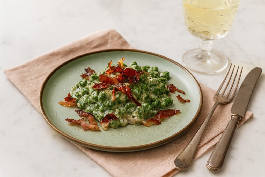 Spinatgnocchi in cremiger Sauce mit knusprigem Speck, serviert auf einem grünen Teller mit Weißwein – herzhafte Variante aus Norditalien.