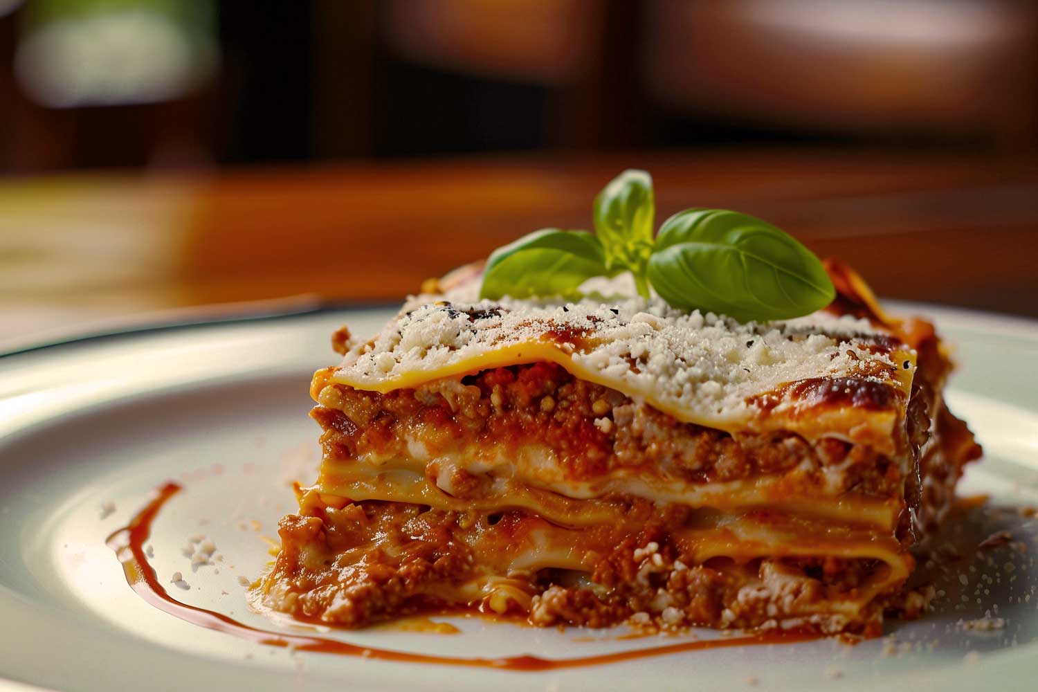 Ein Teller mit einer saftigen Portion Lasagne al Forno, garniert mit geriebenem Parmesan und einem frischen Basilikumblatt, serviert mit einer leichten Tomatenreduktion.