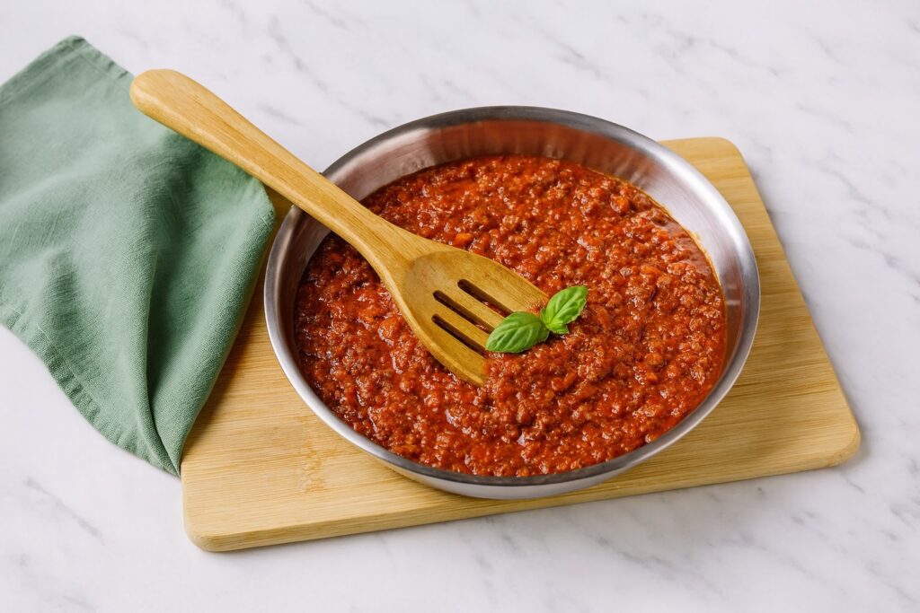 Klassische italienische Ragù alla Bolognese in einer Edelstahlschale mit Holzlöffel und Basilikumblatt, bereit zum Schichten der Lasagne.