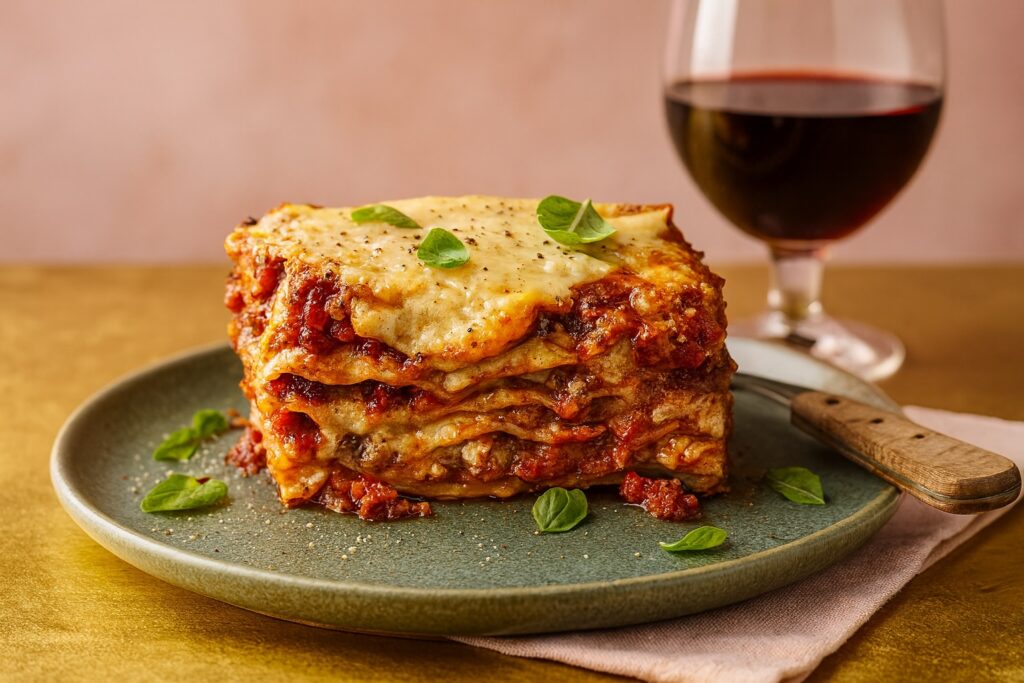 Saftige Lasagne alla Bolognese mit geschmolzenem Käse und Oregano, angerichtet auf grünem Keramikteller mit Rotweinglas im Hintergrund – ein klassischer Genuss aus Norditalien.