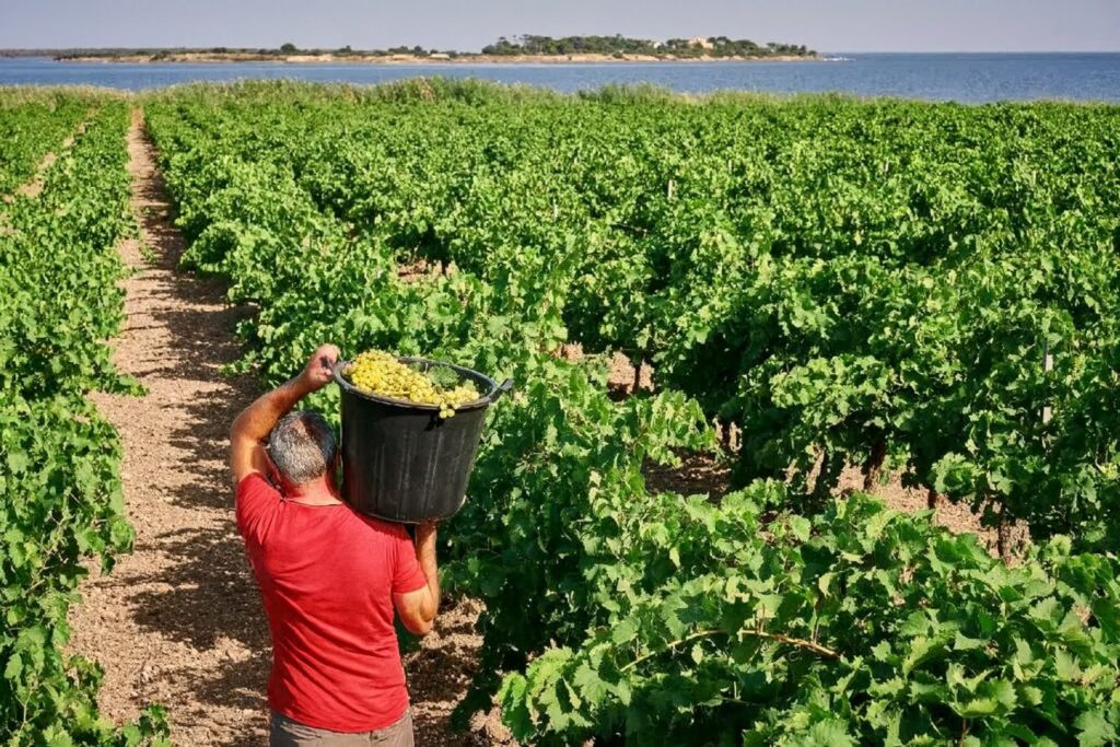 Weinlese am Meer: Winzer trägt Eimer mit weißen Trauben durch die Rebzeilen in Marsala.