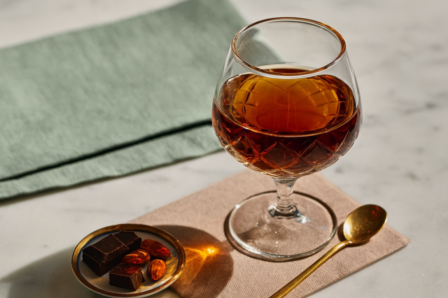 Ein edles Glas Marsalawein auf Marmortisch mit dunkler Schokolade, Mandeln und goldenem Löffel – stilvolle Komposition zur Likörweinverkostung.