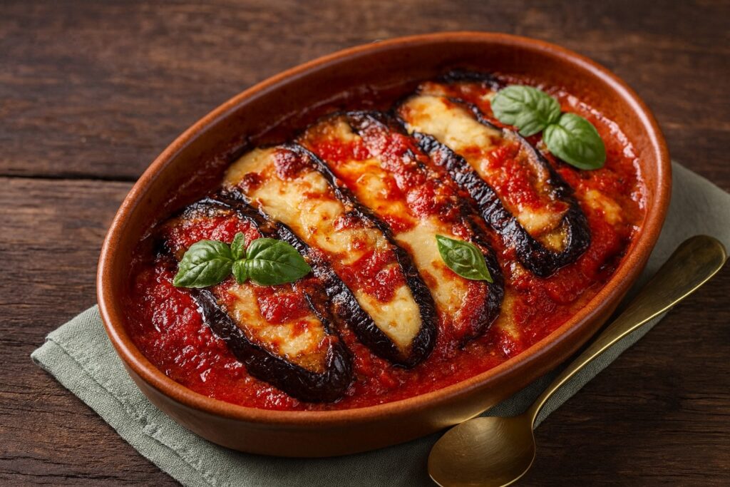 Nahaufnahme einer traditionellen Parmigiana di Melanzane mit geschmolzenem Käse, frischer Tomatensauce und Basilikum in einer braunen Keramikform, serviert auf einem rustikalen Holztisch.