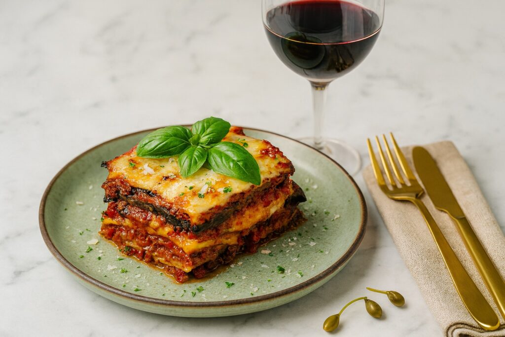 Portion Parmigiana di Melanzane auf einem grünen Keramikteller, garniert mit frischem Basilikum, begleitet von einem Glas Rotwein und goldfarbenem Besteck auf beigem Stoff.