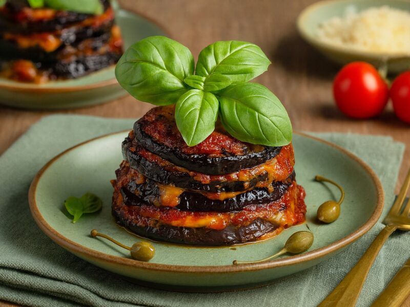 Turmförmig servierte Parmigiana aus gebackenen Auberginenscheiben, Tomatensauce und Käse, gekrönt mit frischem Basilikum, angerichtet auf einem grünen Teller mit goldfarbenem Besteck.