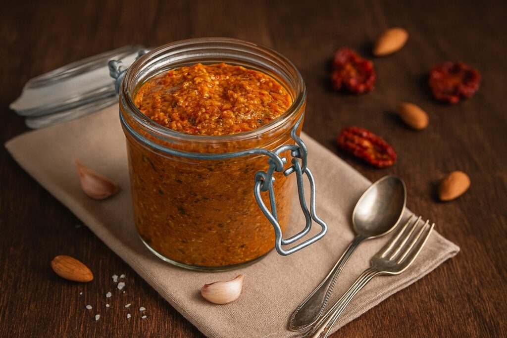 Großes Einmachglas gefüllt mit rustikalem Pesto Rosso aus getrockneten Tomaten, Mandeln und Knoblauch, dekorativ angerichtet auf braunem Holztisch.