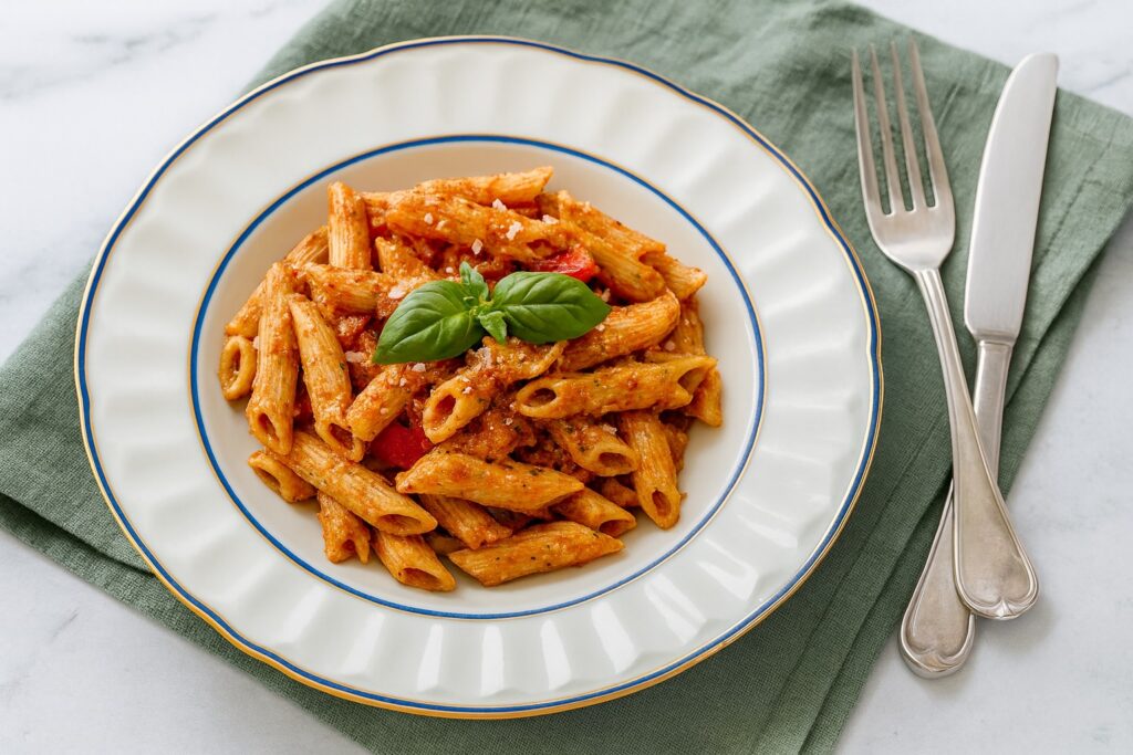Eleganter Teller mit Penne in Pesto Rosso, dekoriert mit frischem Basilikum und Meersalz, auf grünem Leinentuch angerichtet.