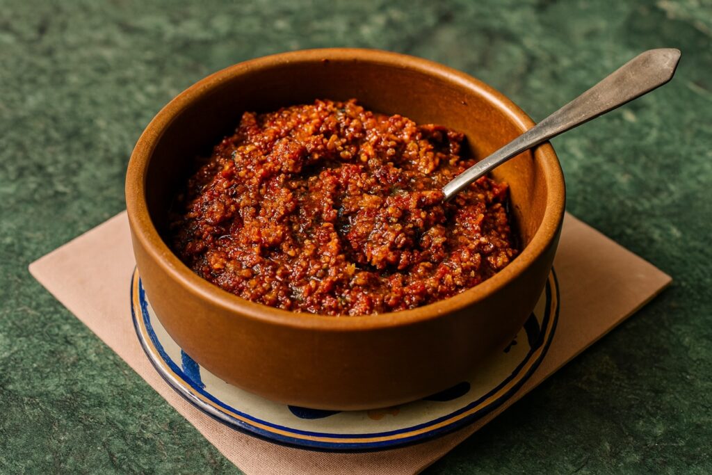 Intensiv rotes Pesto Rosso in einer rustikalen Keramikschale mit Löffel, serviert auf einem traditionellen italienischen Unterteller.