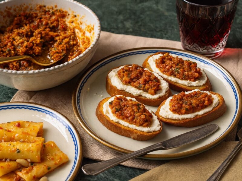 Vorspeisenplatte mit Crostini, belegt mit Ricotta und Pesto Rosso, daneben ein Teller Paccheri mit Pesto Rosso und ein Glas Rotwein.