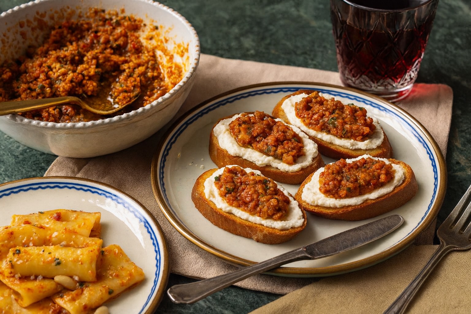 Vorspeisenplatte mit Crostini, belegt mit Ricotta und Pesto Rosso, daneben ein Teller Paccheri mit Pesto Rosso und ein Glas Rotwein.