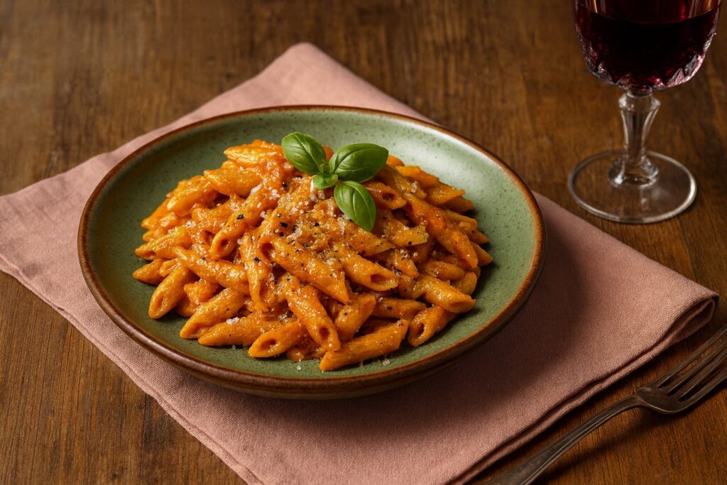 Penne mit cremigem Pesto alla Siciliana, garniert mit frischem Basilikum und grobem Pfeffer, angerichtet auf grünem Teller