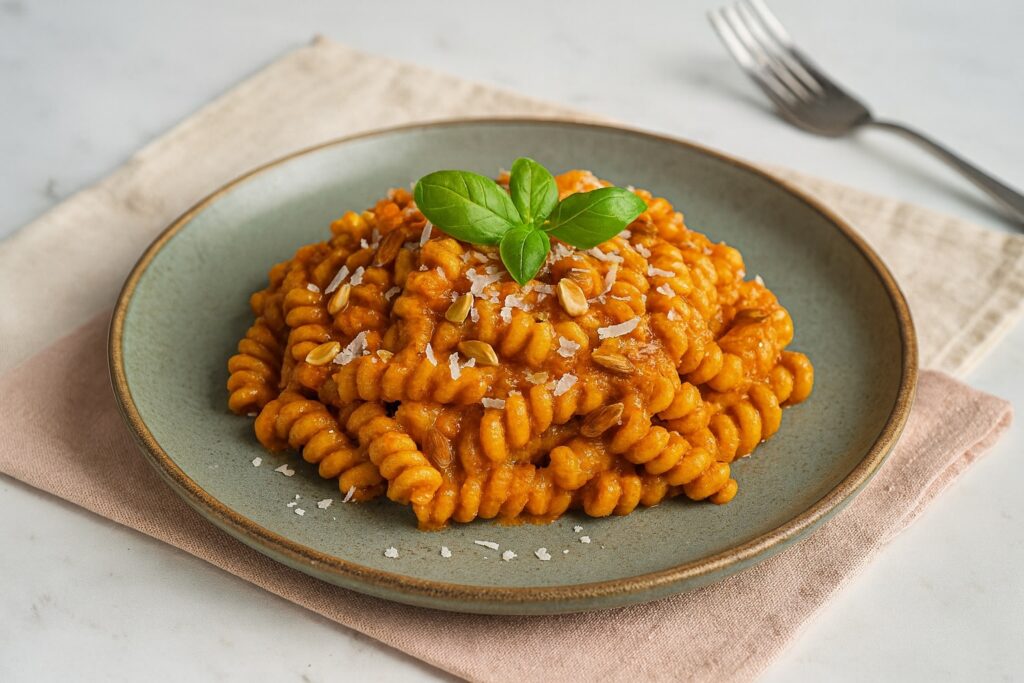 Fusilli mit sizilianischem Pesto, dekoriert mit Mandelsplittern und Basilikum – auf grünem Teller angerichtet