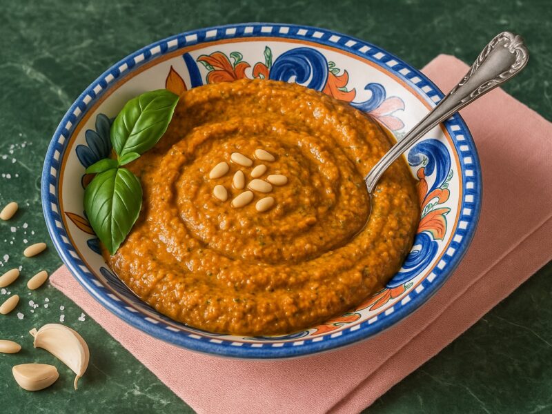 Bunte Keramikschale mit Pesto alla Siciliana, garniert mit Pinienkernen und frischem Basilikum – sizilianisches Flair pur