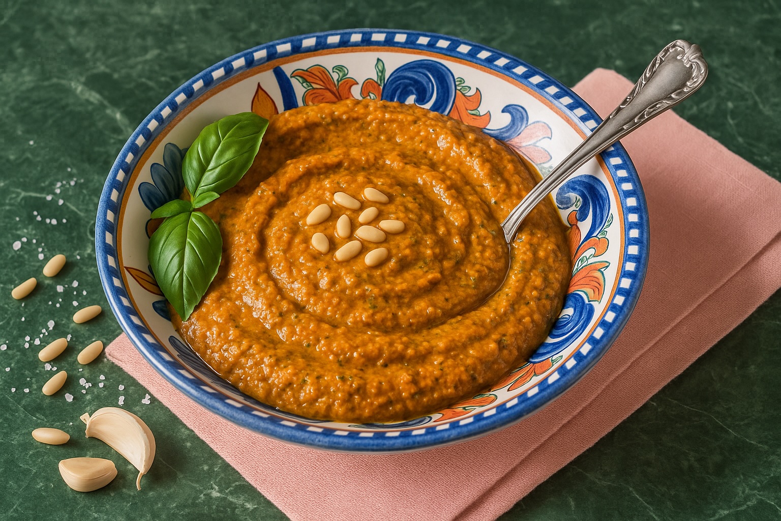 Bunte Keramikschale mit Pesto alla Siciliana, garniert mit Pinienkernen und frischem Basilikum – sizilianisches Flair pur