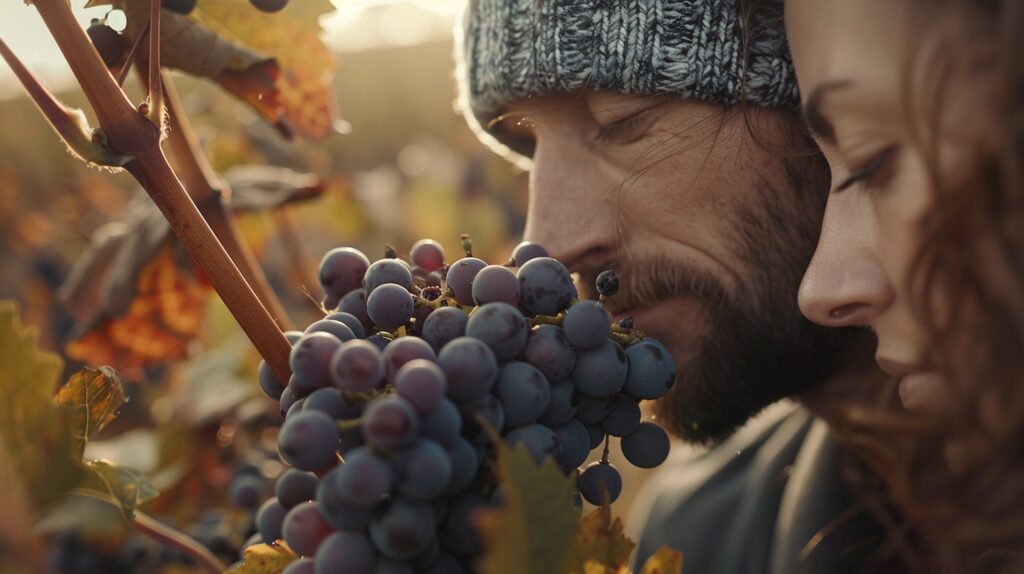 Ein Paar riecht an reifen Pinot Grigio Trauben im Weinberg – ein intimer Moment der Weinromantik.