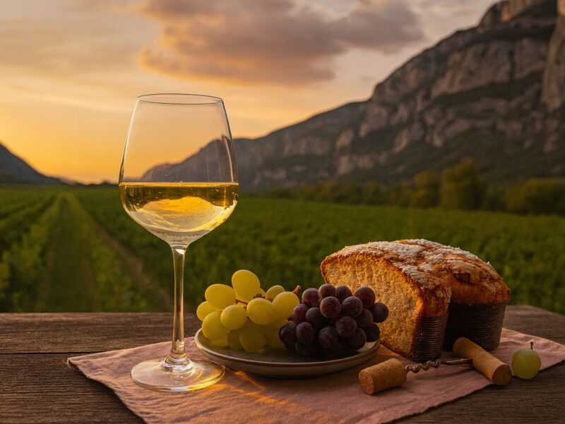 Ein Glas Pinot Grigio, frische Trauben und italienischer Kuchen vor alpiner Weinlandschaft im Sonnenuntergang – Genussmomente in Norditalien.