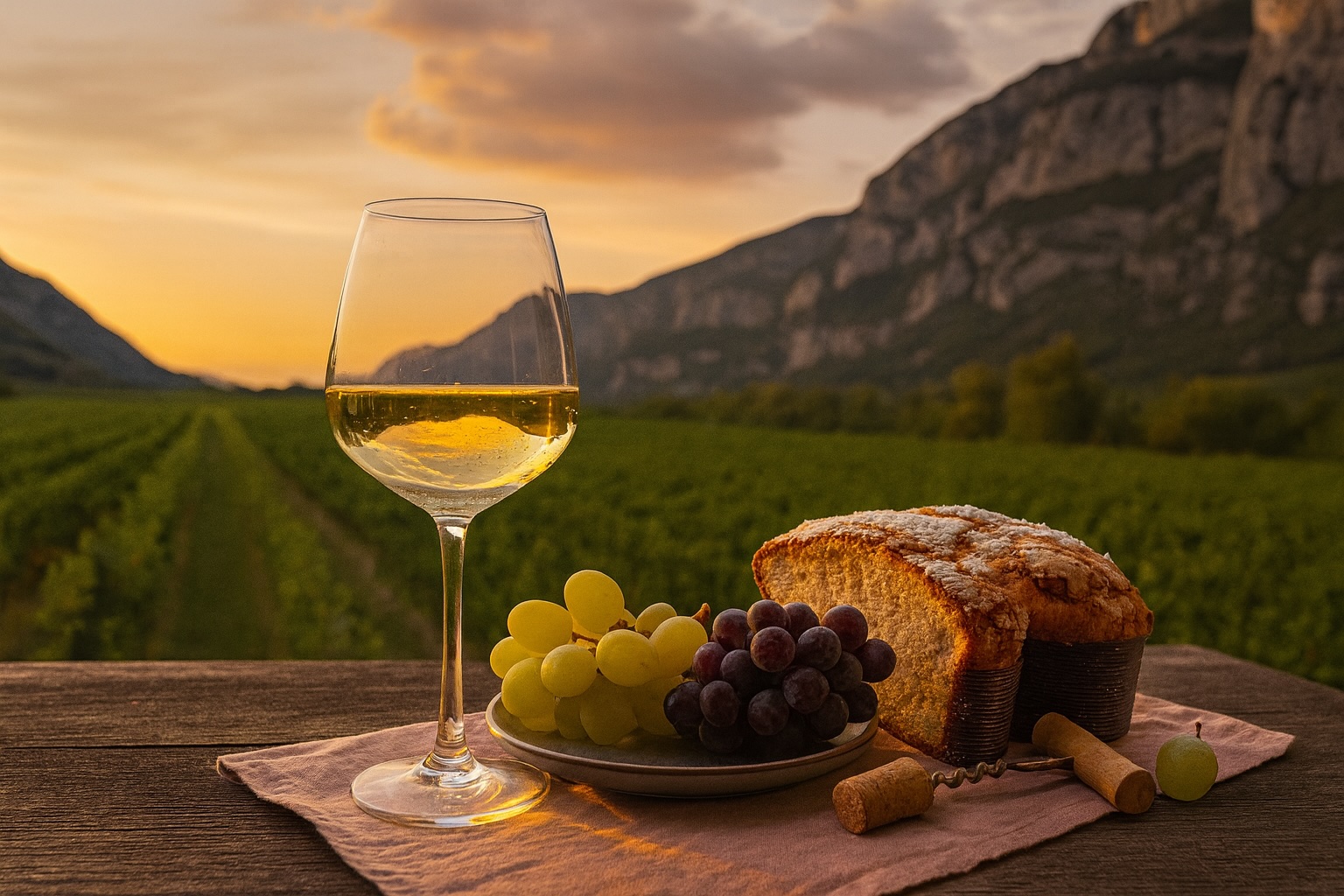 Ein Glas Pinot Grigio, frische Trauben und italienischer Kuchen vor alpiner Weinlandschaft im Sonnenuntergang – Genussmomente in Norditalien.