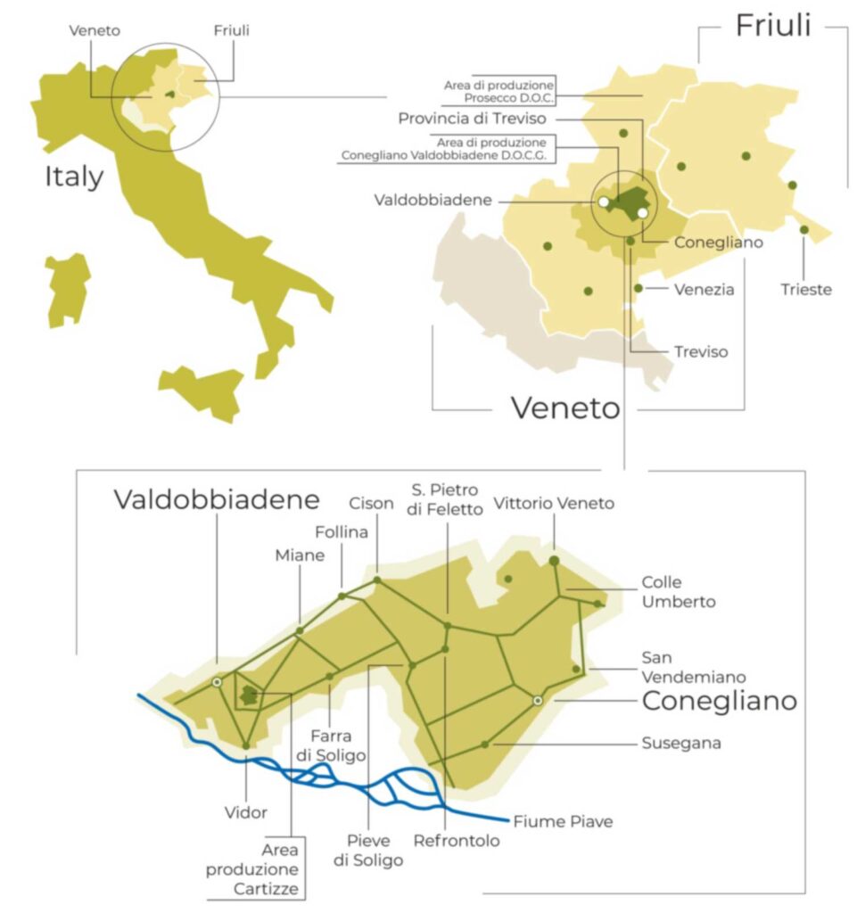 Karte der Prosecco-Produktionsgebiete in Italien, mit einer detaillierten Darstellung der Regionen Veneto und Friuli sowie der Gemeinden Conegliano und Valdobbiadene.