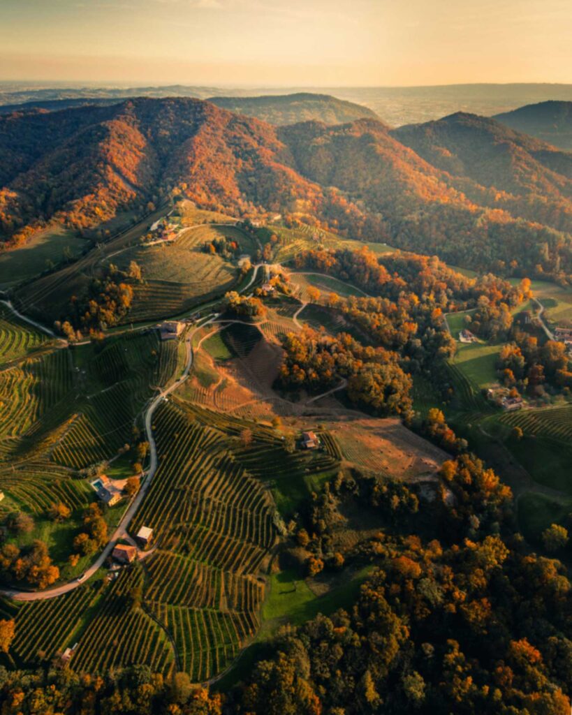 Eine spektakuläre Luftaufnahme der Hügel von Conegliano Valdobbiadene im Herbst, wo die goldenen und grünen Farbtöne die Schönheit der Prosecco-Weinberge unterstreichen.