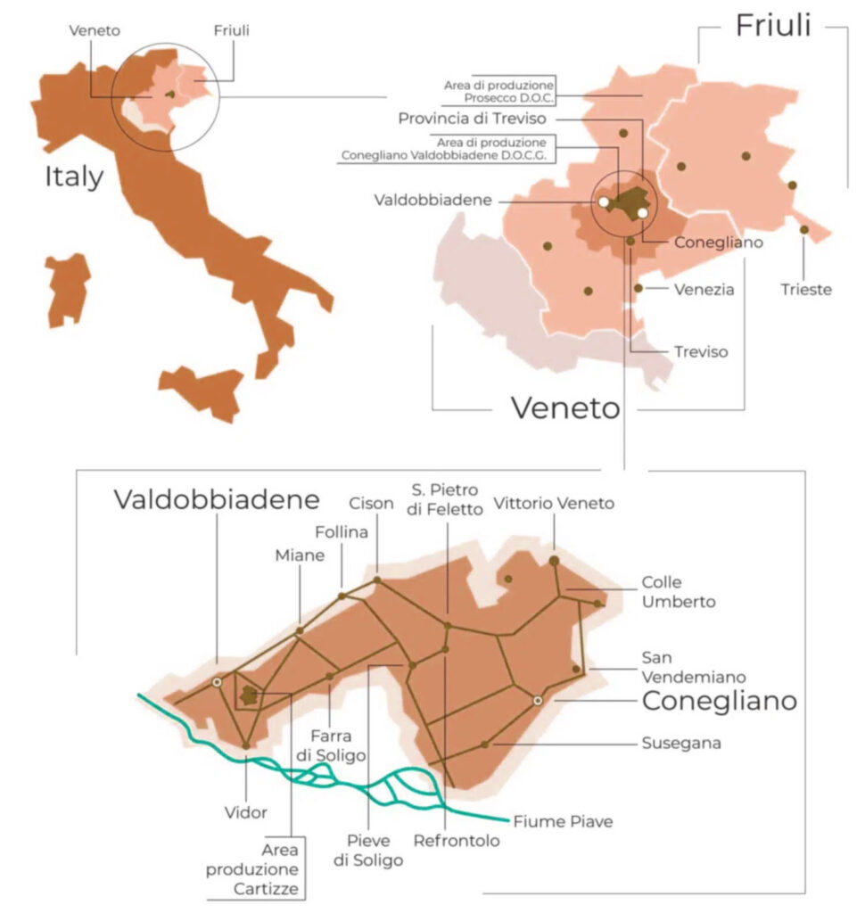 Geografische Karte der Prosecco-Produktionszonen: DOC, DOCG und Cartizze zwischen Conegliano und Valdobbiadene im Veneto.