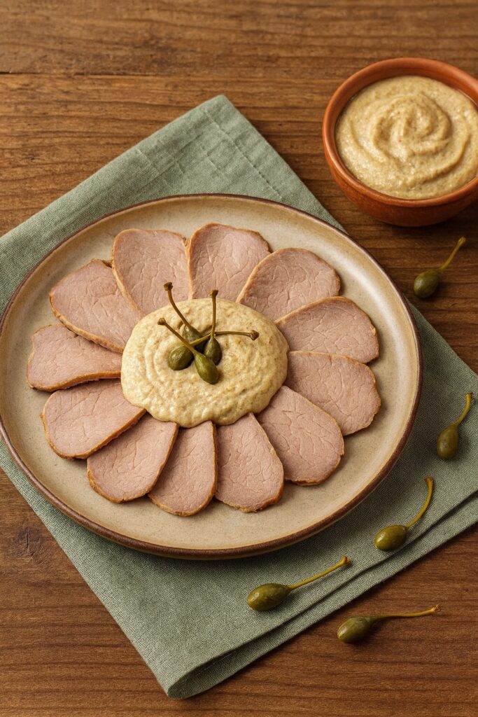 Klassisch angerichtetes Vitello Tonnato mit gleichmäßig verteilten Kalbfleischscheiben, cremiger Sauce in der Mitte und Kapernbeeren als Topping.
