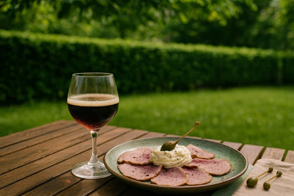 Sommerliche Szene im Garten: Vitello Tonnato mit Kapernsauce auf einem grünen Teller, daneben ein Glas dunkler Wein auf einem Holztisch im Grünen.