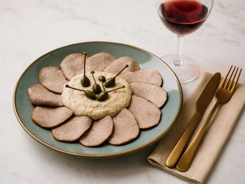 Elegant angerichtetes Vitello Tonnato mit Thunfisch-Kapernsauce, dekoriert mit mehreren Kapernbeeren, serviert mit Rotwein und goldenem Besteck auf hellem Untergrund.
